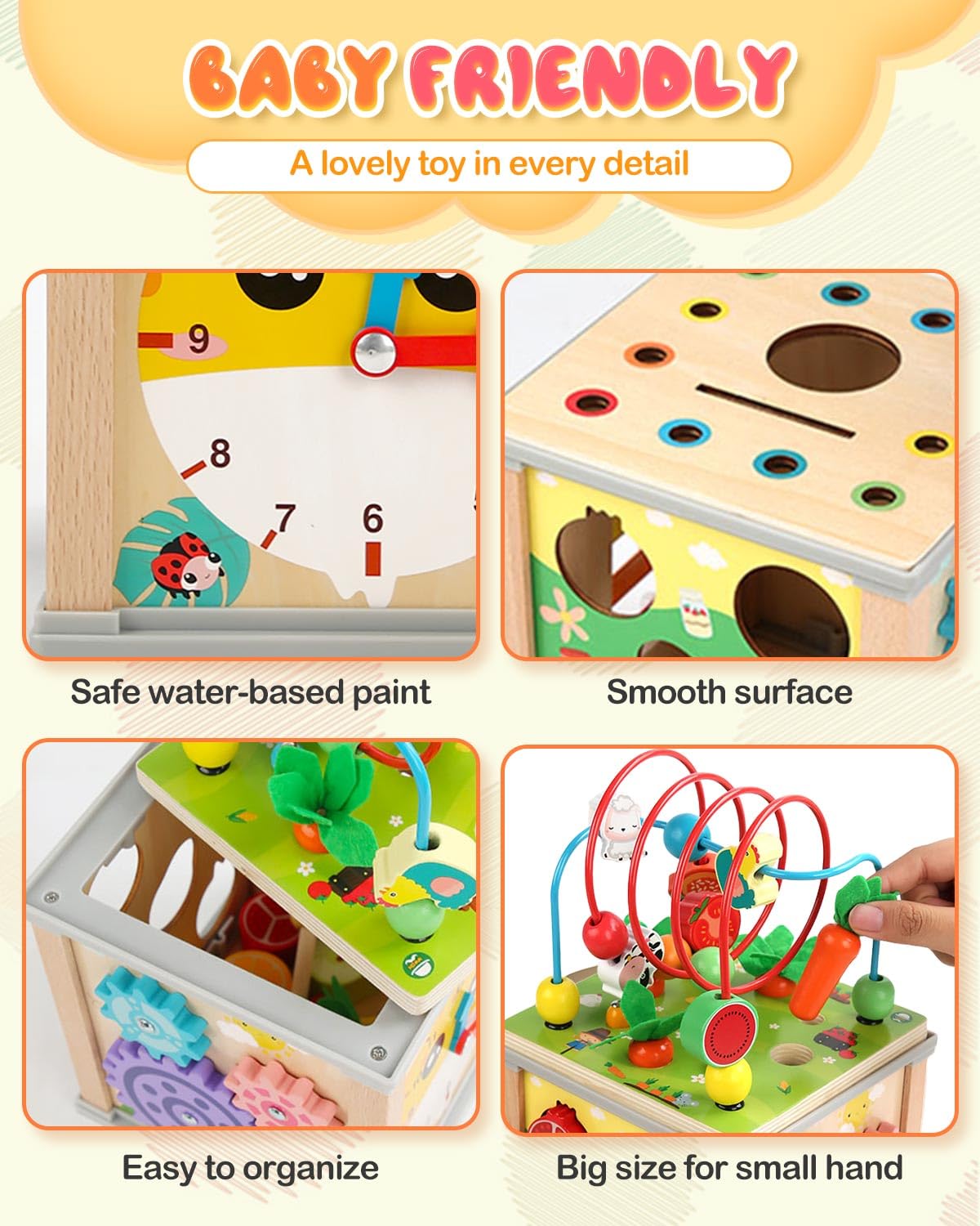 MOXTOYU Wooden Activity Cube Baby Toys, 10-in-1 Montessori Educational Toy Set for 1-3 Year Old Boys & Girls, Maze, Shape Sorter, Rotating Gear Xylophone Words & Clock Learning, 1st Gifts for Toddler