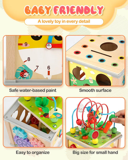 MOXTOYU Wooden Activity Cube Baby Toys, 10-in-1 Montessori Educational Toy Set for 1-3 Year Old Boys & Girls, Maze, Shape Sorter, Rotating Gear Xylophone Words & Clock Learning, 1st Gifts for Toddler