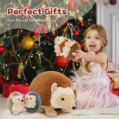 MorisMos Big Hedgehog Teddy Soft Toy, 35cm Mom with 4 Cuddly Baby Inside, Giant Fluffly Hedgehog Stuffed Animal Realistic Kawaii Gift for Kids Birthday Deco