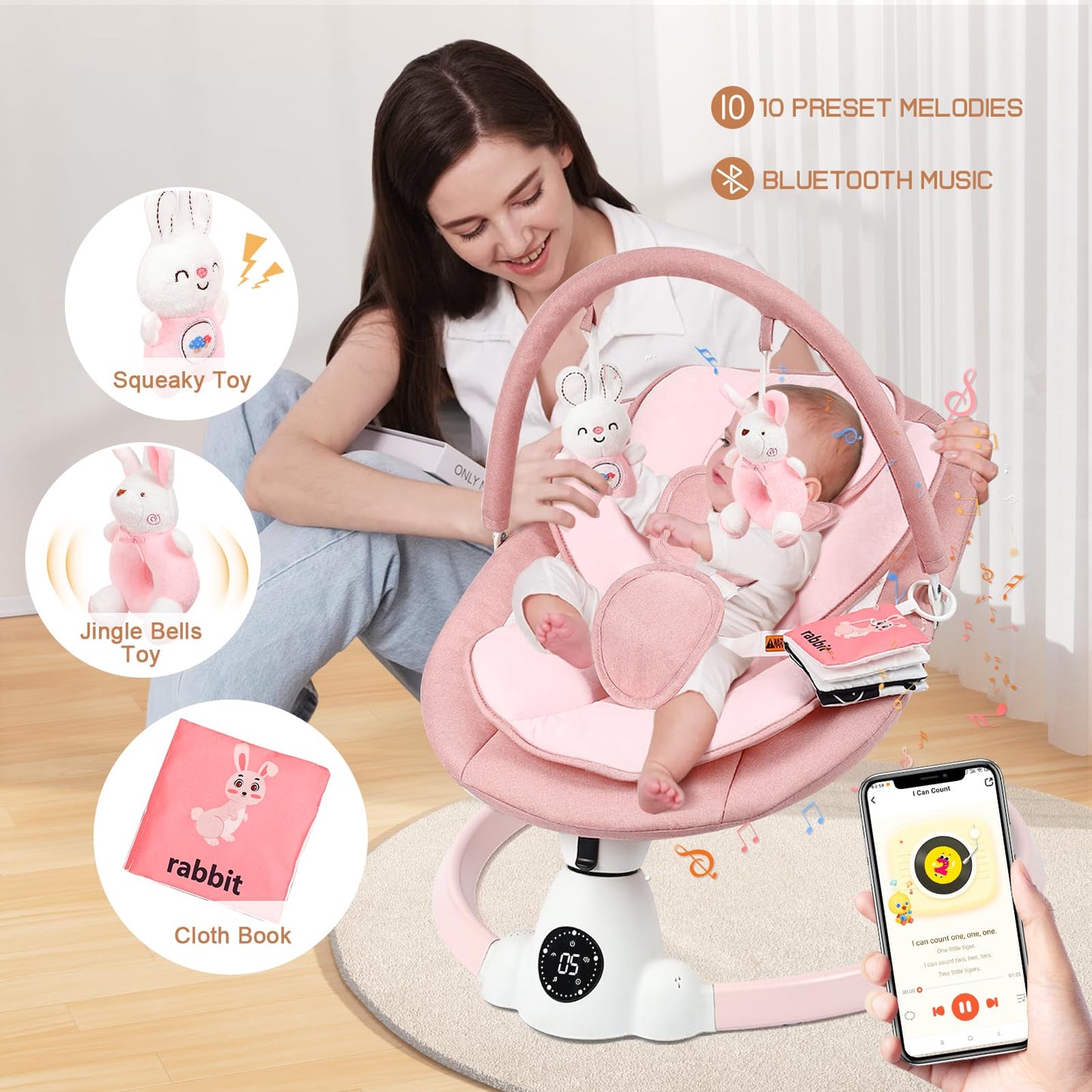 Pink portable baby bouncer with electric swing, Bluetooth, 5 speeds, 10 lullabies, 5-point harness, remote, and touch panel for infants.