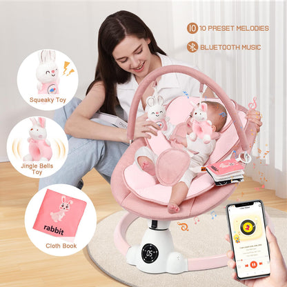 Pink portable baby bouncer with electric swing, Bluetooth, 5 speeds, 10 lullabies, 5-point harness, remote, and touch panel for infants.