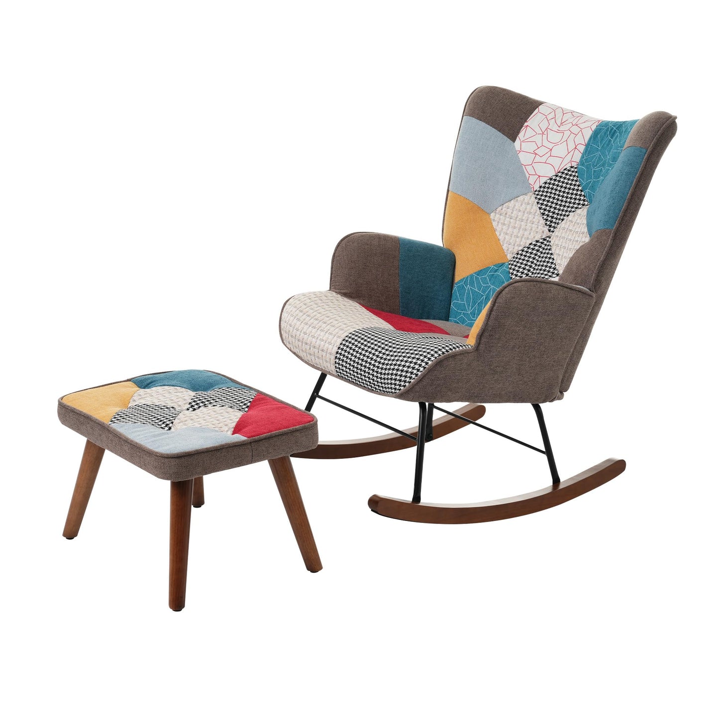 BTM Rocking Chair for Nursery, Rocking Chair with with Footstool, Iron and Walnut Feet, Single Recliner Lounge for Living Room Bedroom Office, Colorful