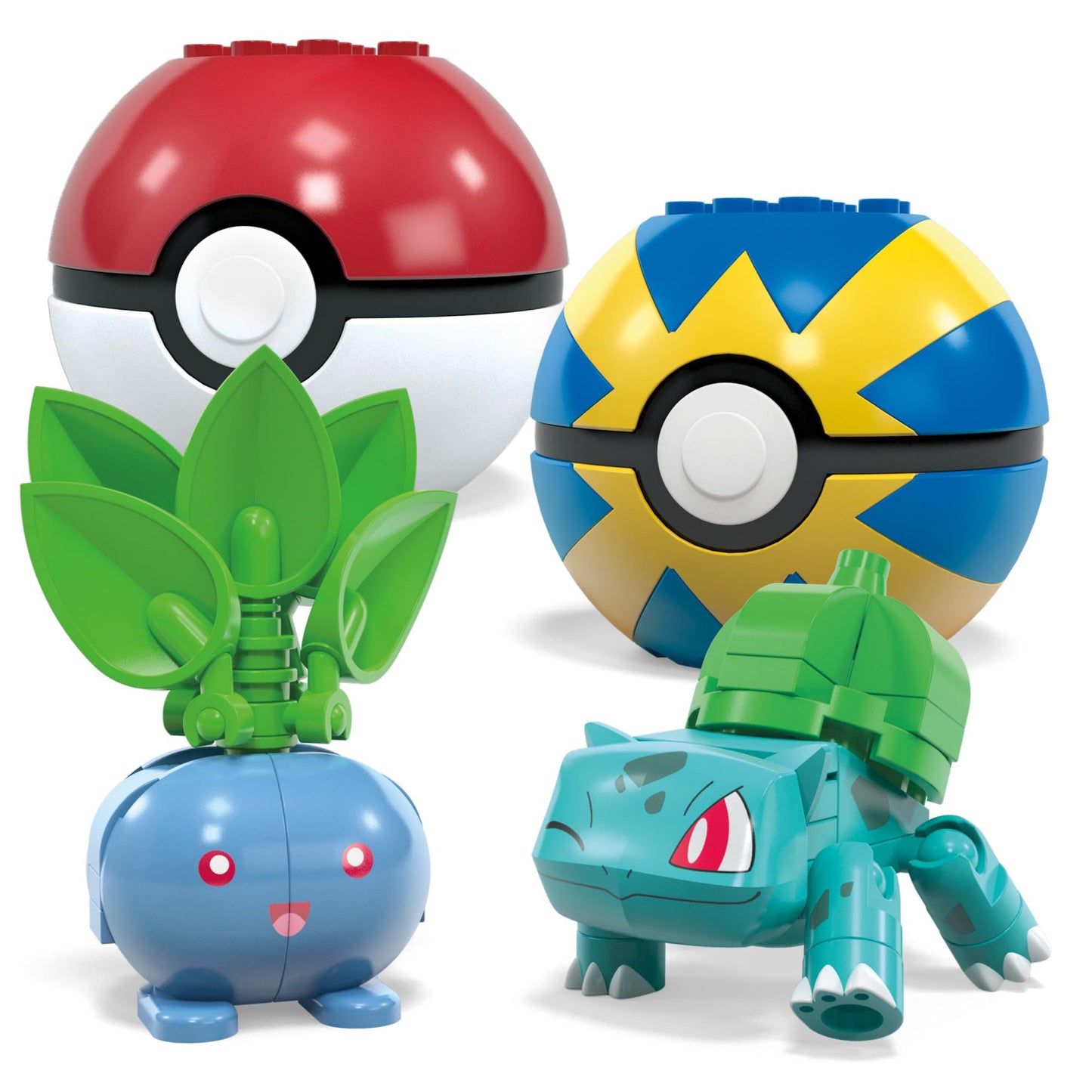 MEGA Pokémon building toys set with 118 pieces, featuring 4 poseable grass-type trainer characters, 2 inches tall.