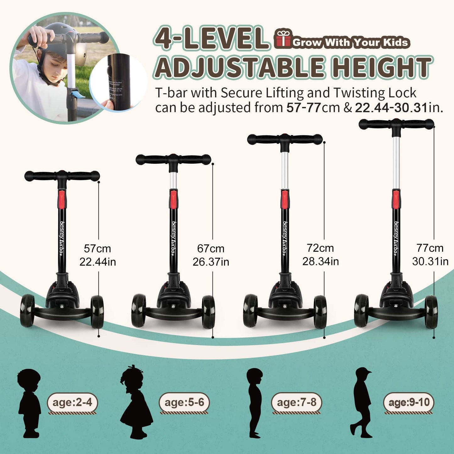 besrey kids scooter with big wheels, flashing LED lights, adjustable height, three wheels, and safe lean-to-steer design for ages 3-10