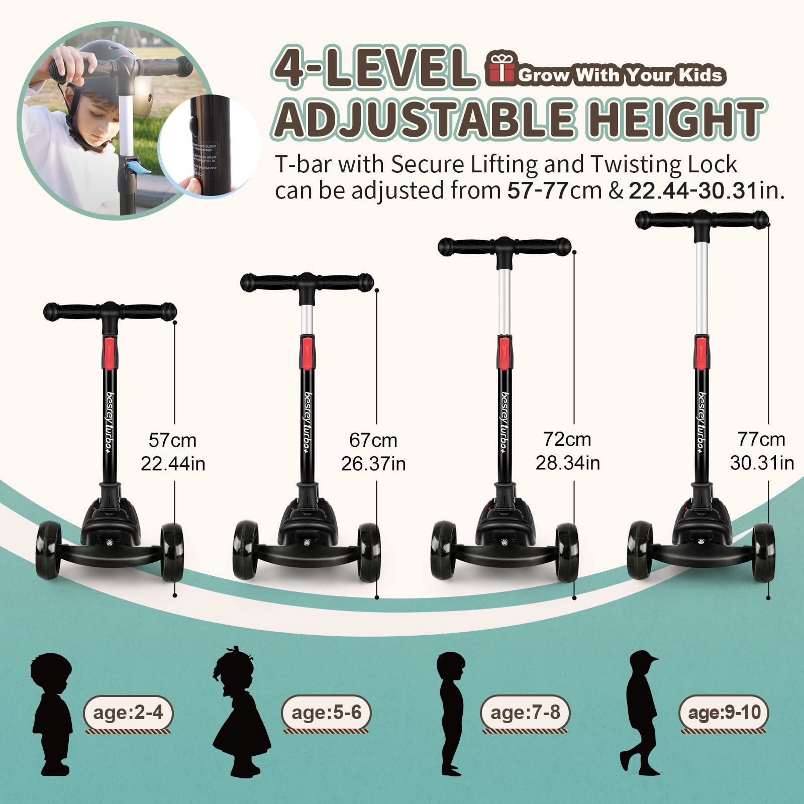 besrey kids scooter with big wheels, flashing LED lights, adjustable height, three wheels, and safe lean-to-steer design for ages 3-10