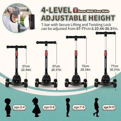 besrey kids scooter with big wheels, flashing LED lights, adjustable height, three wheels, and safe lean-to-steer design for ages 3-10