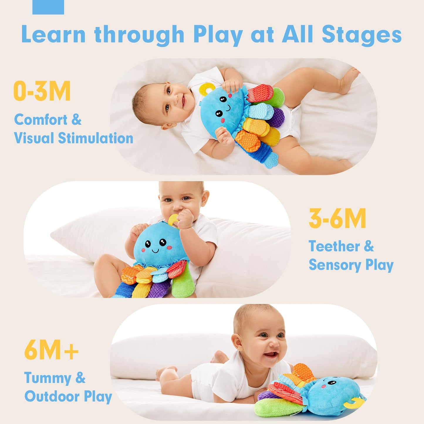 hahaland 8-in-1 Tummy Time Sensory Toy - 3+ Months Baby Rattle, Mirror & Teether Plush Toy - 0-12M Newborn Gift for Boys & Girls, Washable Soft Fabric, Octopus Montessori Toy