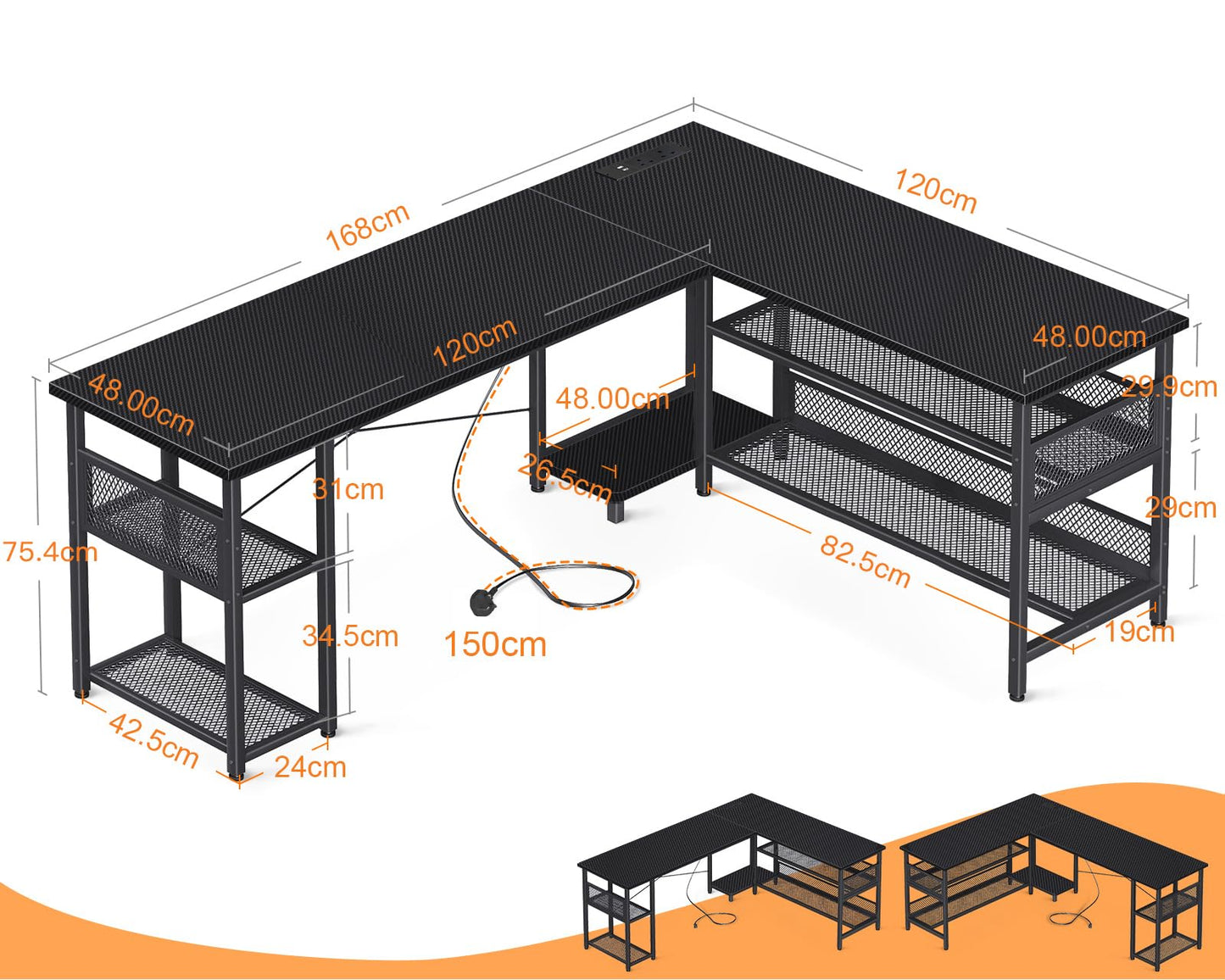 ODK L Shaped Gaming Desk, 168 X 120 cm Reversible Computer Desk with 2 Sockets and 2 USB Charging Ports, Corner Desks with Storage, Gaming Table Carbon Fiber Black