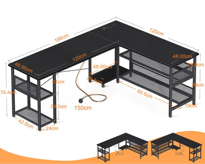 ODK L Shaped Gaming Desk, 168 X 120 cm Reversible Computer Desk with 2 Sockets and 2 USB Charging Ports, Corner Desks with Storage, Gaming Table Carbon Fiber Black