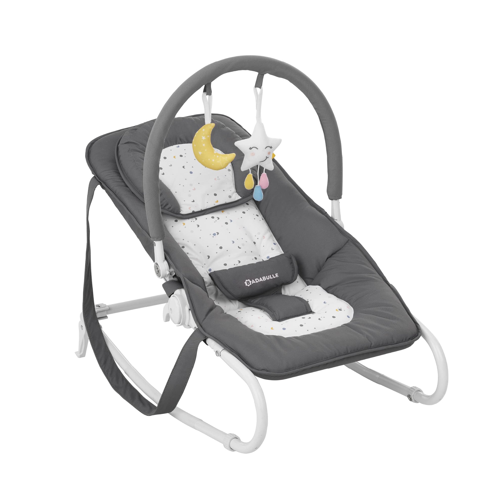 Badabulle Easy Baby Bouncer showing a comfortable baby chair with a soft fabric seat and safety harness, designed for infants.