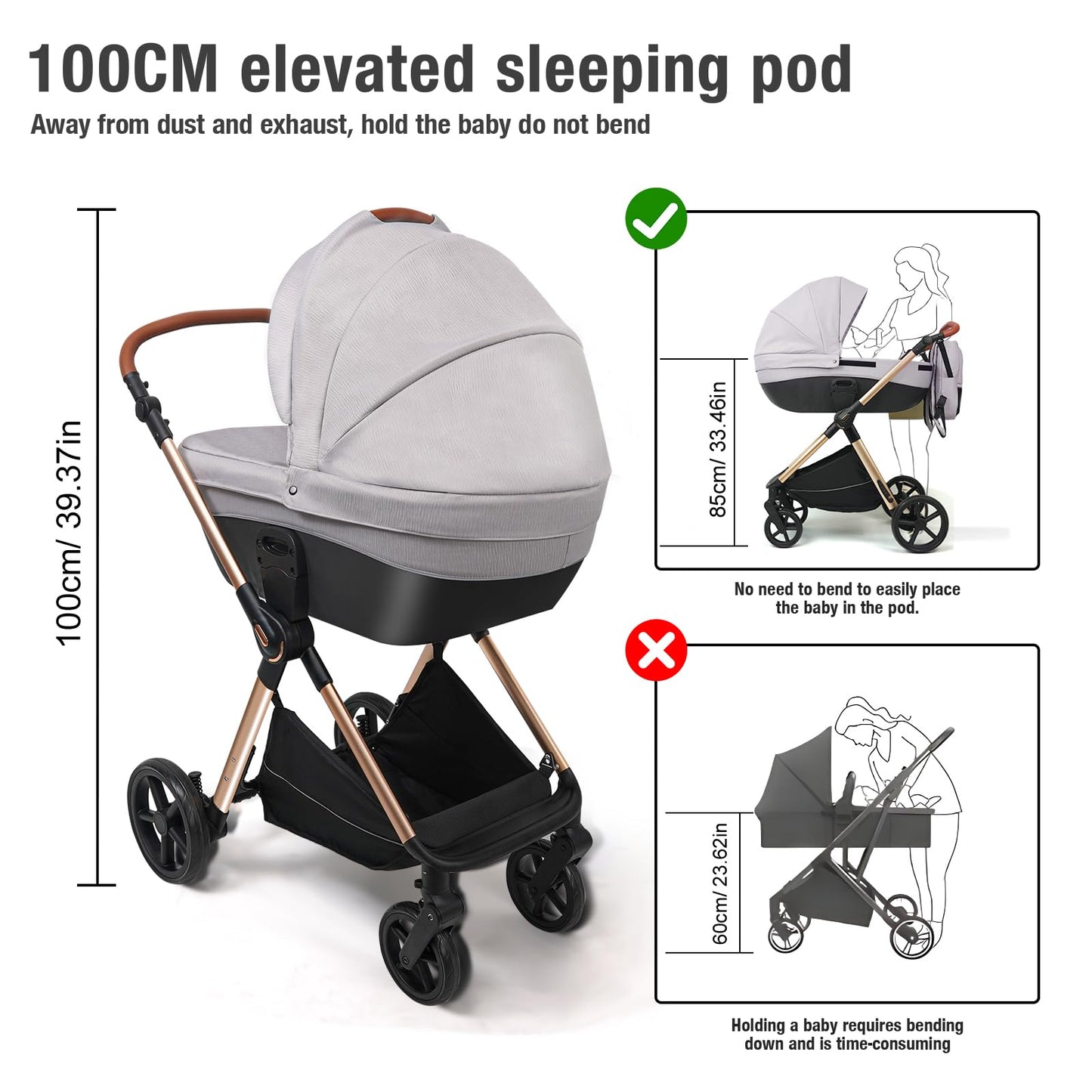 Magic ZC 4 in 1 Pushchair Pram Travel System, Baby Stroller 4 in 1 with Reversible Two Pushing Modes, Newborn Infant Carriage One-Click Folding, Toddler Buggy Aluminum Frame (H2 Light Grey)