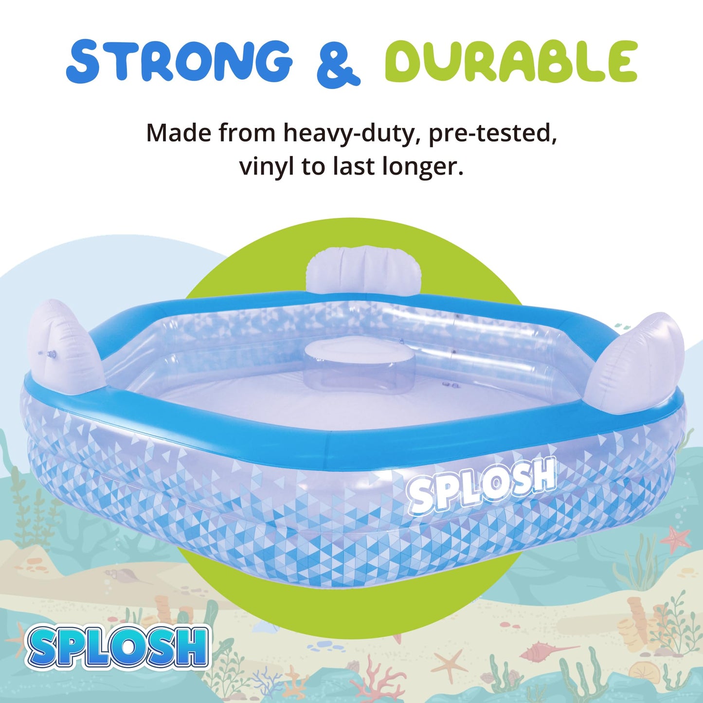 Splosh Inflatable Family Swimming Pool With Seats - For Kids & Adults - Large Hexagonal Paddling Pool 2.23m x 2.11m - Easy To Inflate - Kids Paddling Pools For Garden