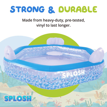 Splosh Inflatable Family Swimming Pool With Seats - For Kids & Adults - Large Hexagonal Paddling Pool 2.23m x 2.11m - Easy To Inflate - Kids Paddling Pools For Garden
