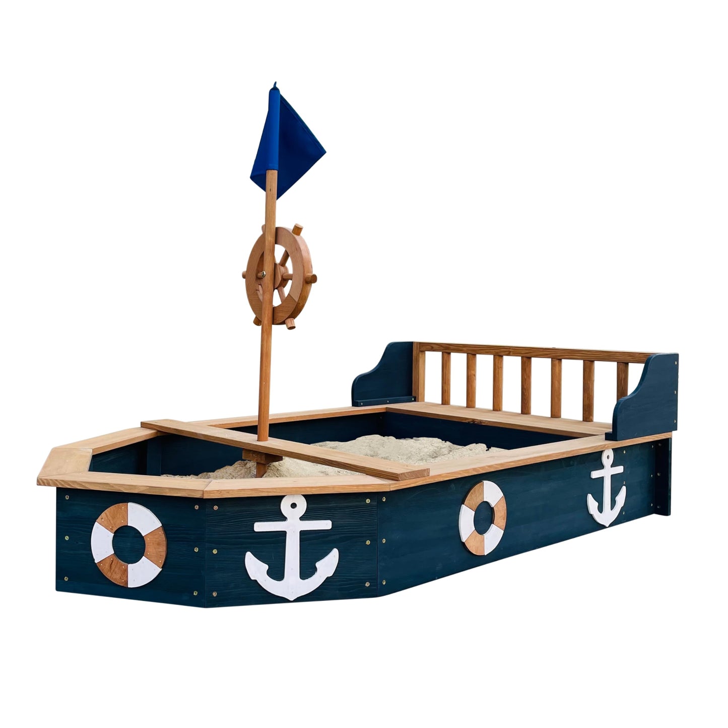 AXI Doris wooden boat-shaped sandbox with bench, storage, rotating rudder, cover, and ground cloth for kids' outdoor play.