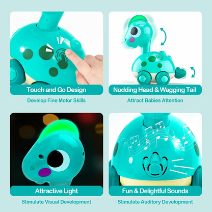 CubicFun baby crawling dinosaur toy in green with musical lights, interactive sound features, designed for toddlers aged 12 months+