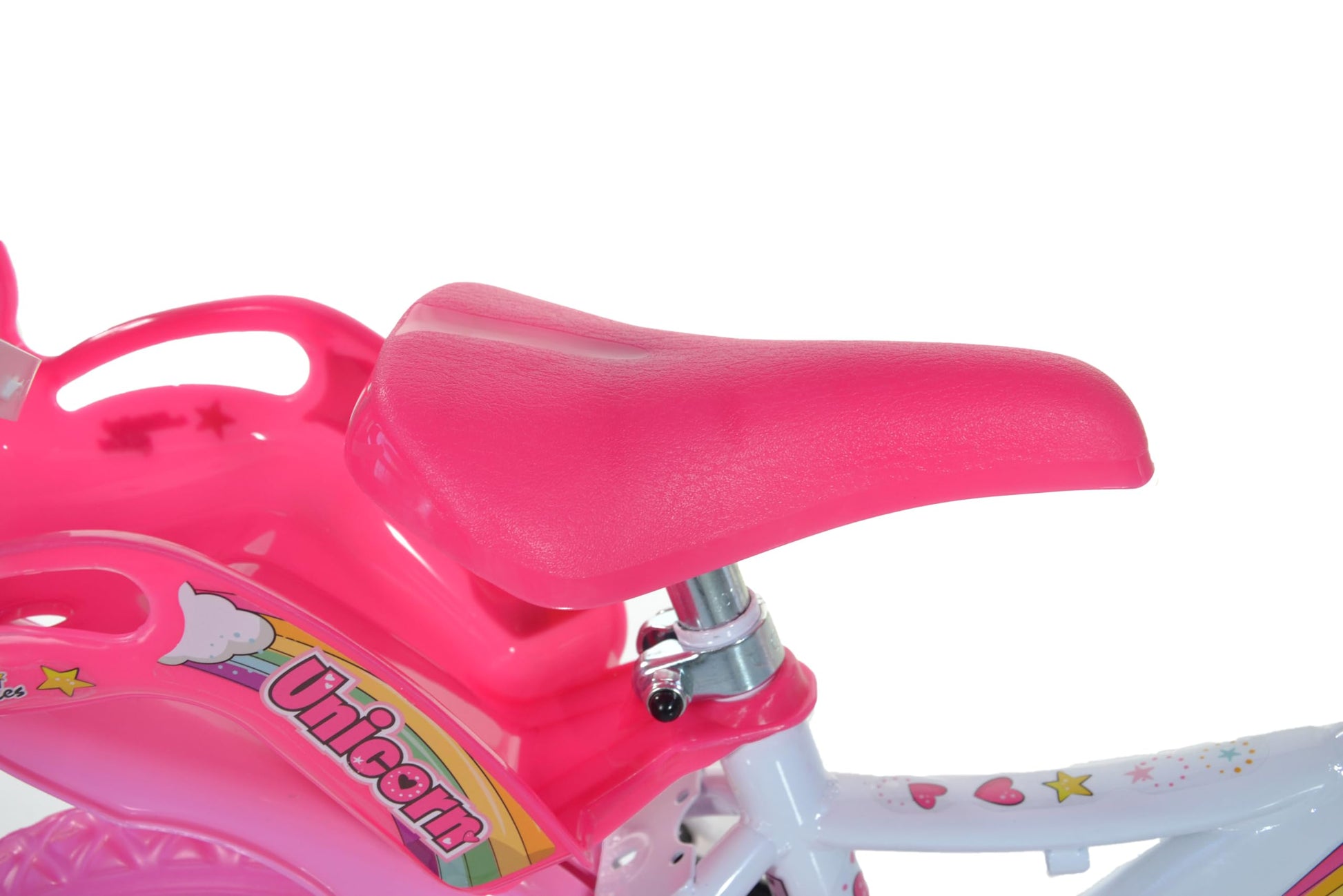 Dino Bikes 124RL-UN unicorn 12-inch children's bicycle in white and pink with training wheels and colorful unicorn design