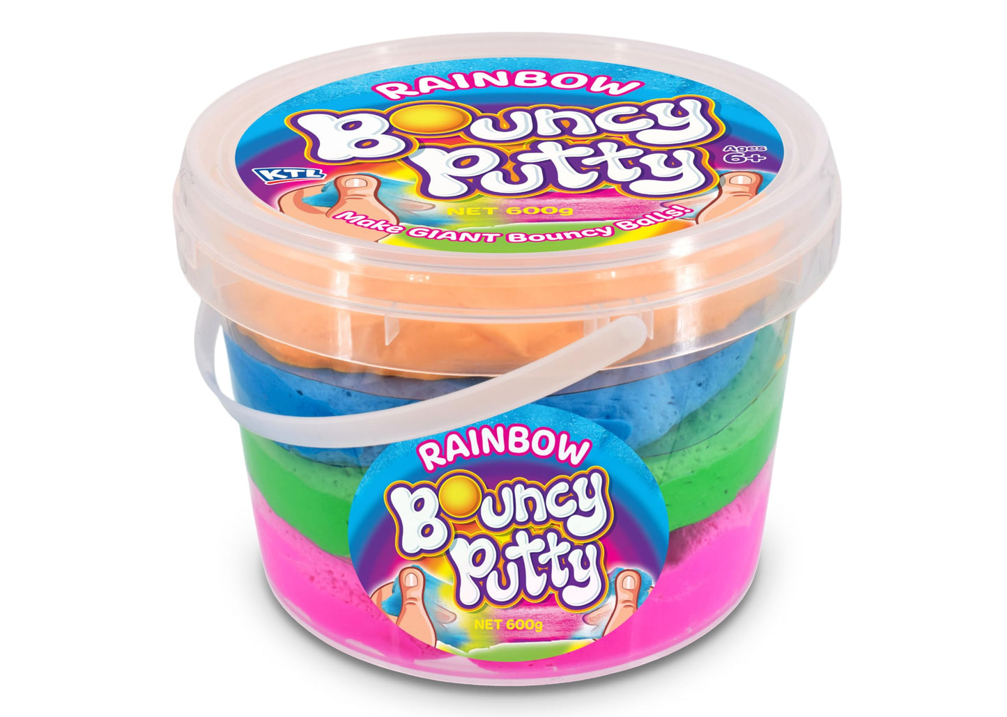 Colorful jumbo rainbow putty in a 600g container by Undercover, showcasing its vibrant, stretchy, and moldable texture.