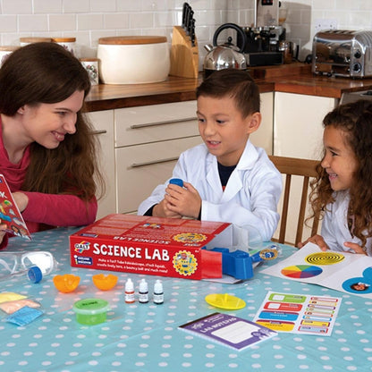 Galt Science Lab kit for kids with colorful experiment materials, guidebook, and science projects like kaleidoscope, lava lamp, and bouncy ball.