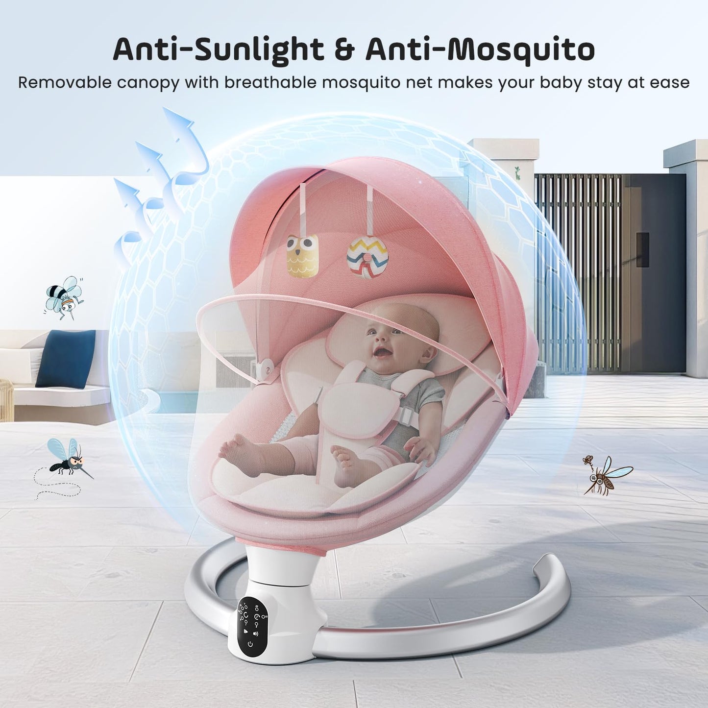 Aoykkii Electric Baby Bouncer Chair with Mobile App Control,Remote Control and IMD Touch Panel,Electric Baby Swing with 5 Swing Amplitudes 3-Stage Timer,Soft Padded Lamb Newborn Bouncer (Pink)