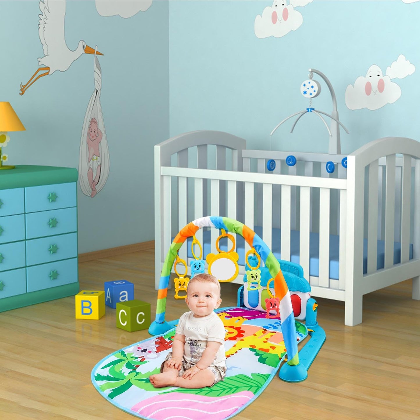 Ylnailky baby gym play mat with colorful toys, cartoon piano, and music features for infants aged 0-36 months.