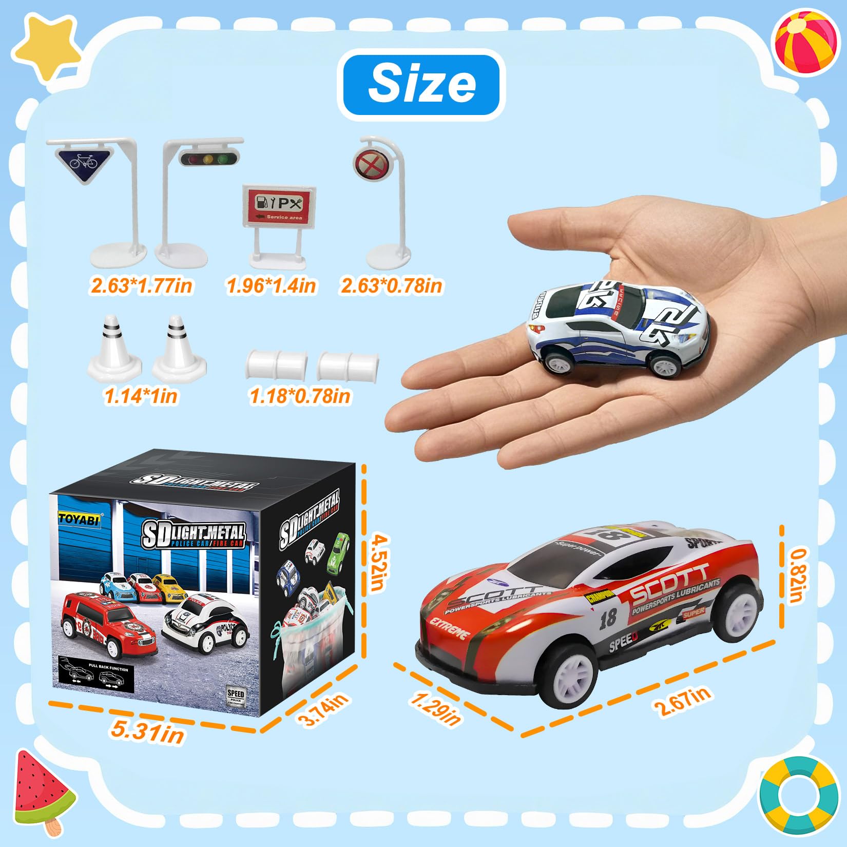 22-piece TOYABI metal race car set with mini pull-back cars and roadblocks for kids aged 3-8 years.