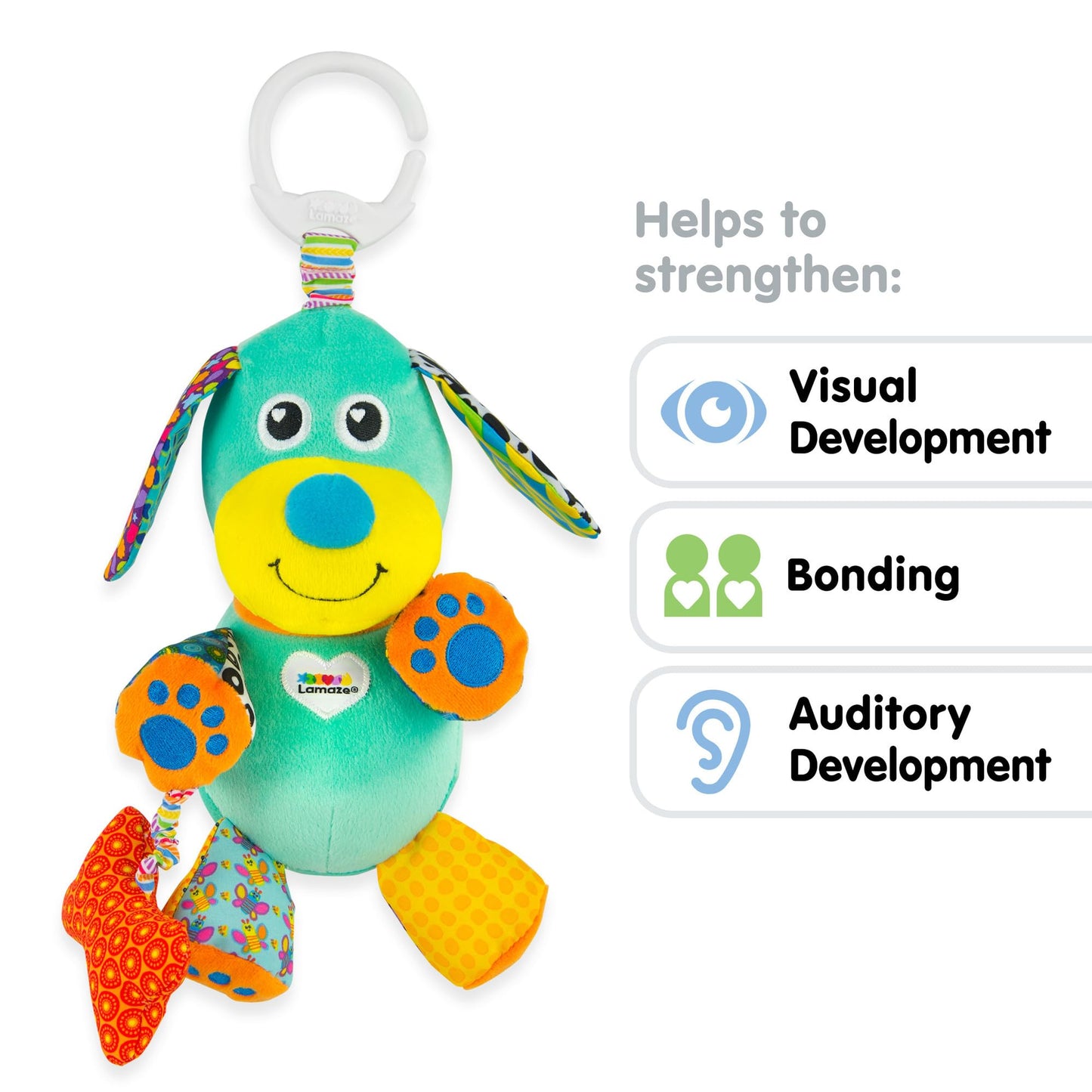 LAMAZE Pupsqueak clip-on plush baby toy with squeaker, soft sensory toy for infants 0-6 months, designed for newborn development.