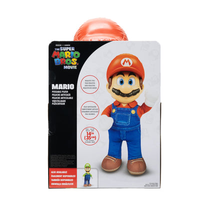 Poseable Nintendo Super Mario Bros. plush toy featuring realistic eyes, fully articulated arms and legs, stands 14 inches tall.