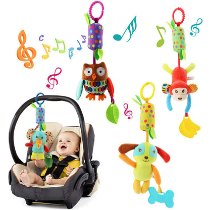 Set of four wohot baby pram toys including plush animal rattles, wind chimes, and teethers for newborns and toddlers.