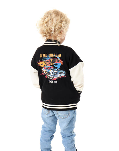 Hot Wheels Boys Bomber Jacket | Kids Flame Logo Graphic Print Varsity Jacket in Black | Childrens Turbo Race Car Print Zipped Baseball Jacket | Model Toy Cars Movie Merchandise Gift