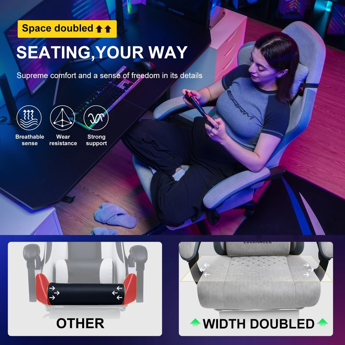 GTPLAYER Fabric Gaming Chair with Footrest, Ergonomic Computer Desk Chair with Pocket Spring Cushion Home Office High Back Support Lumbar Support Heavy Duty Wide