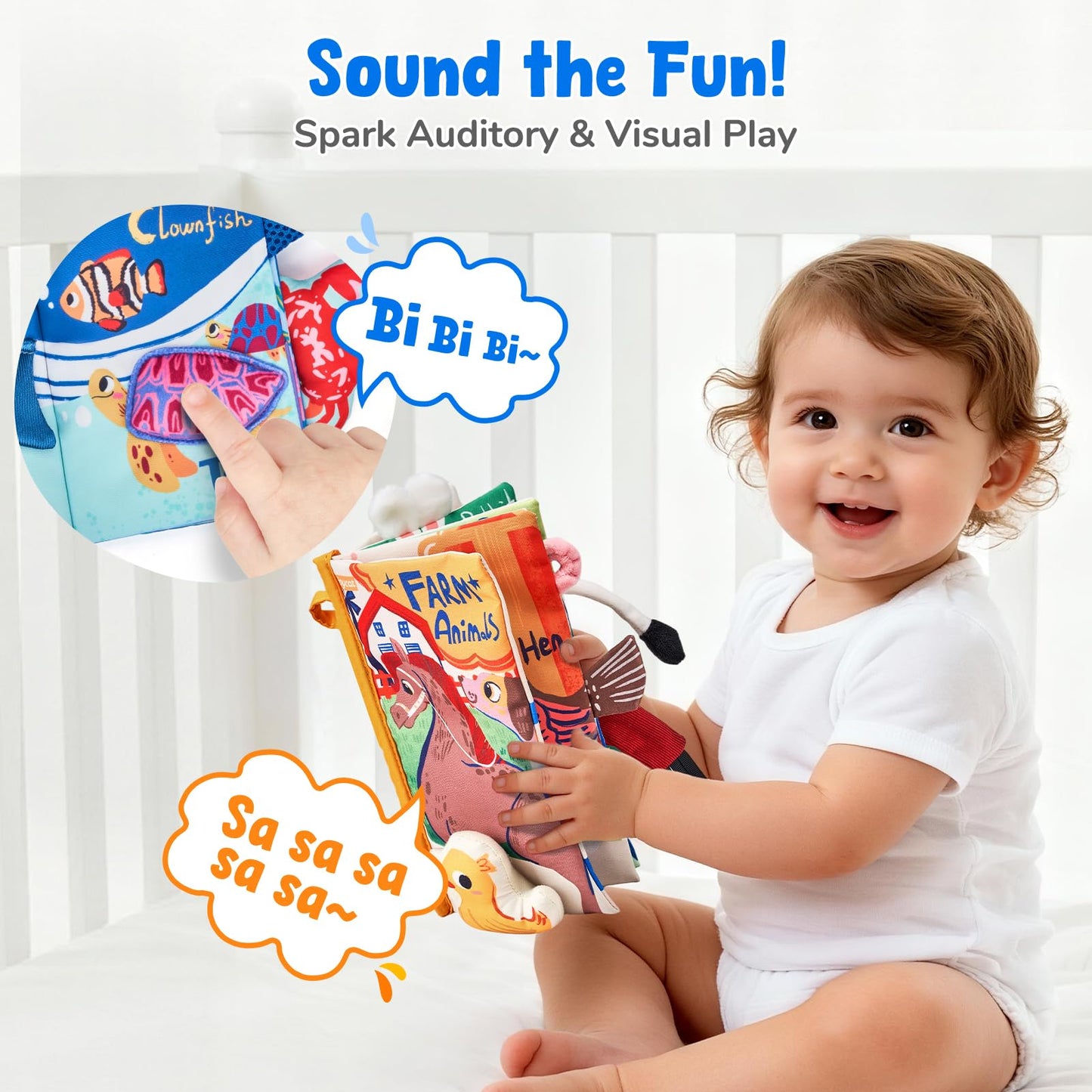 JoyCat baby sensory cloth books for infants 0-6 months, soft crinkle texture, colorful pages, ideal for tummy time and early development.