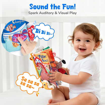 JoyCat baby sensory cloth books for infants 0-6 months, soft crinkle texture, colorful pages, ideal for tummy time and early development.