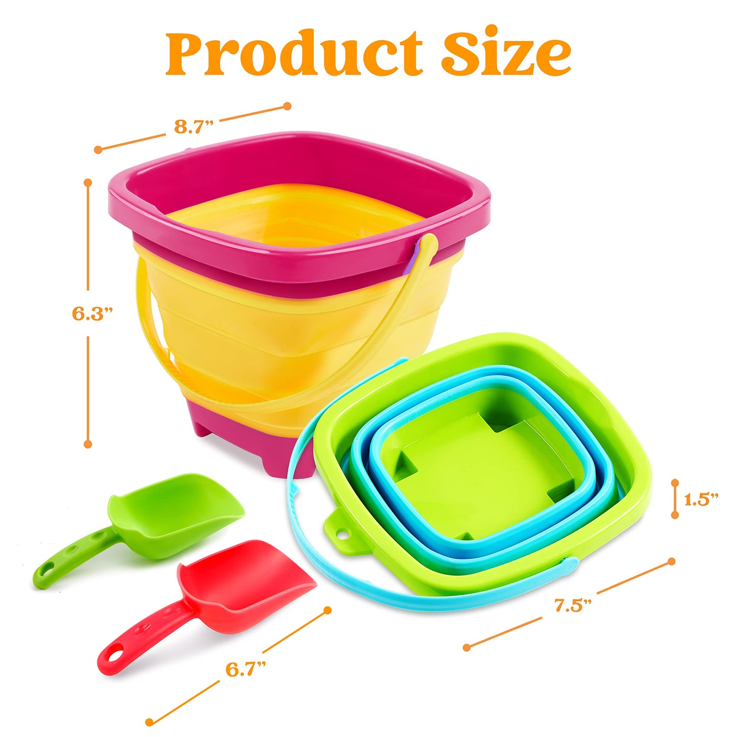 Sloosh 3 PCS Foldable Buckets with 3 Shovels Sand Water Bucket Sandbox Square Party in Summer Foldable Pail Silicone Collapsible Bucket Kids Beach Toys Travel (Yellow/Blue/Green)