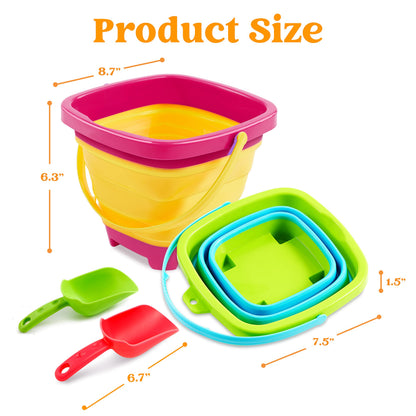 Sloosh 3 PCS Foldable Buckets with 3 Shovels Sand Water Bucket Sandbox Square Party in Summer Foldable Pail Silicone Collapsible Bucket Kids Beach Toys Travel (Yellow/Blue/Green)