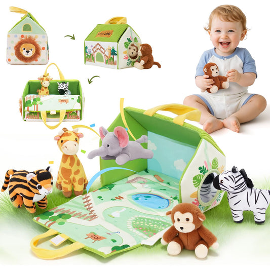 OUOZZZ plush zoo animal toys for babies, perfect for crawling and tummy play, designed for ages 6 to 12 months.
