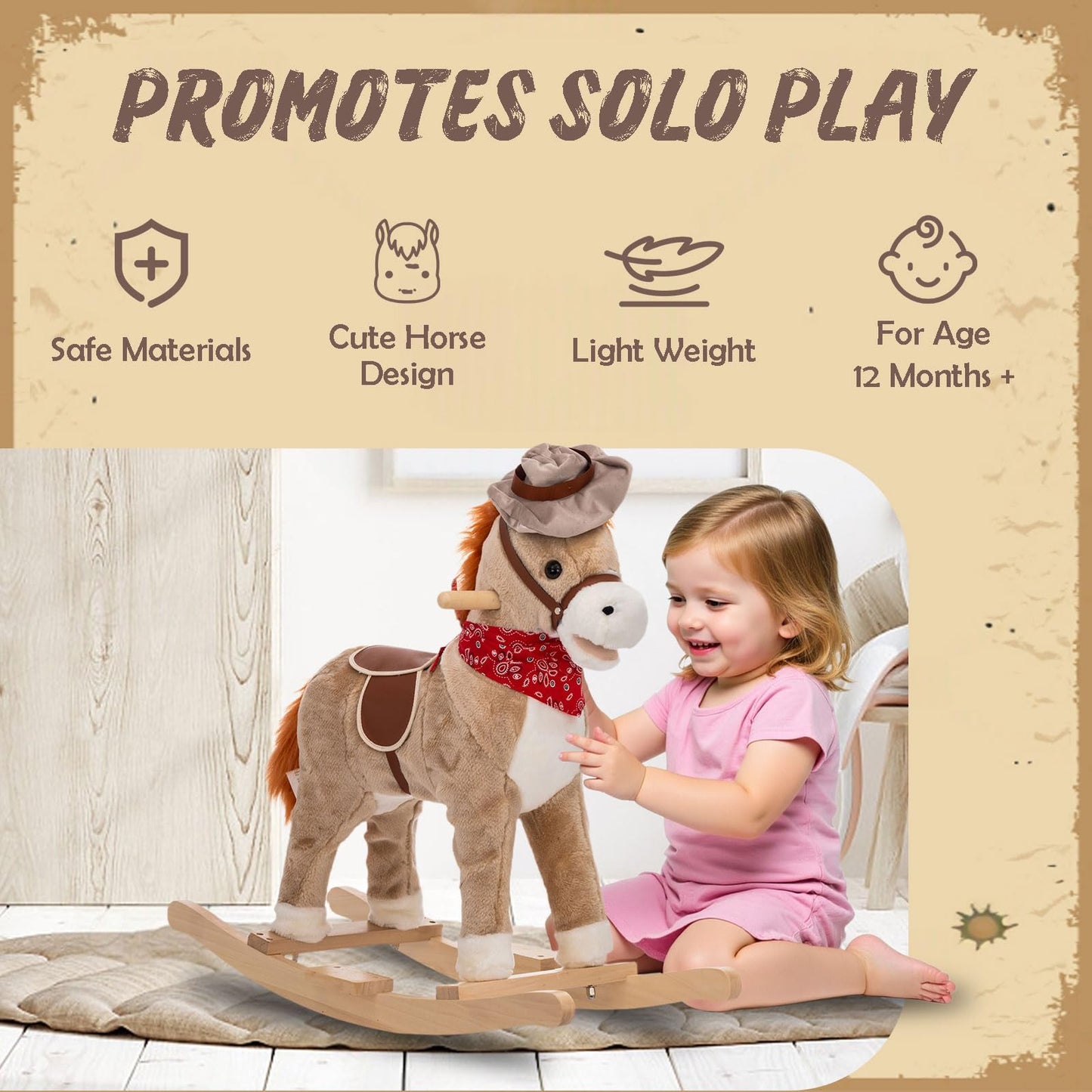 NINODOVAE Kids Rocking horse,Plush Stuffed Animal Rocker, for kids 1-3 years (light brown)
