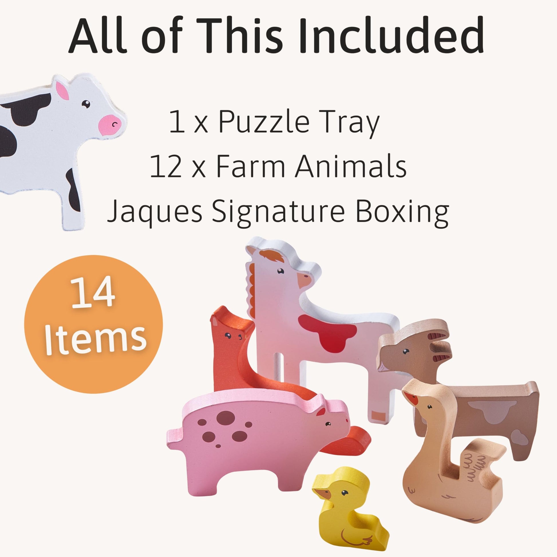 Wooden farm animal toys by Jaques of London for toddlers, including a cow, pig, and sheep on a wooden farm puzzle.