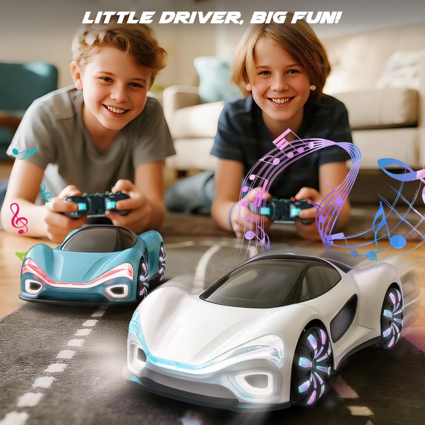 SIMREX Remote Control Car 360° Drift Stunt RC Cars with LED Wheels Spray Lights Demo Mode 2.4GHz for Adults Boys Girls Age 6+ Kids Birthday Gift Toys, White