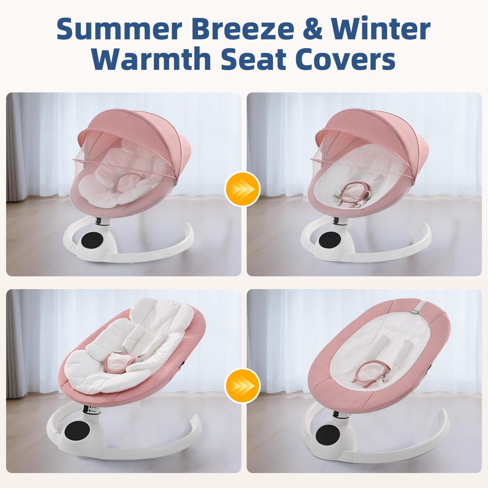 Pink electric baby swing chair with Bluetooth control, touch screen music, 5 swing speeds, remote, and portable design from cozydwells.