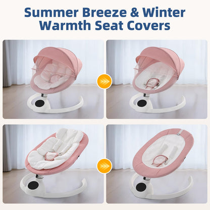 Pink electric baby swing chair with Bluetooth control, touch screen music, 5 swing speeds, remote, and portable design from cozydwells.