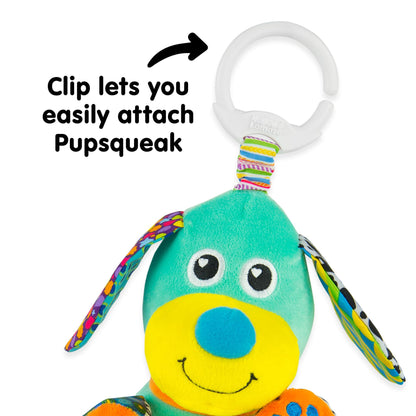 LAMAZE Pupsqueak clip-on plush baby toy with squeaker, designed for newborns and infants, soft sensory toy for development.