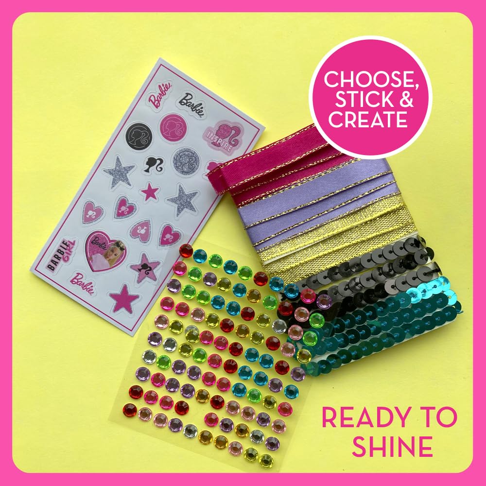 Barbie DIY Sparkle Fashion Designer Set with rhinestones, ribbons, and stickers for creating doll clothes and accessories.