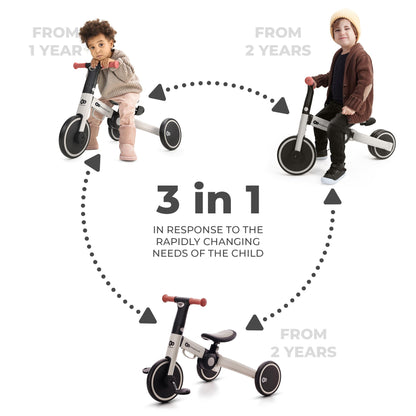 Kinderkraft 4TRIKE, foldable 3-in-1 tricycle, push trike, balance bike, pedal tricycle, lightweight aluminum frame, adjustable seat, EVA wheels, for children 1–5 years, Gray