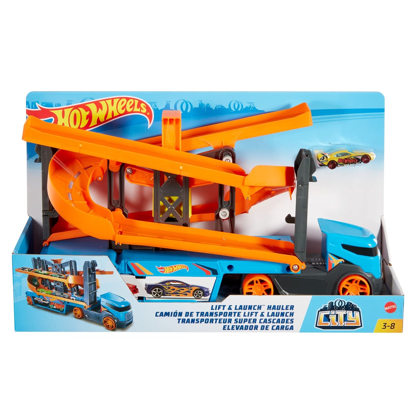 Hot Wheels City Lift & Launch Hauler Vehicle with Storage for Up to 20 1:64 Cars, Lift and Launch Feature and 1 Hot Wheels Car, for 3 Year Olds and Up