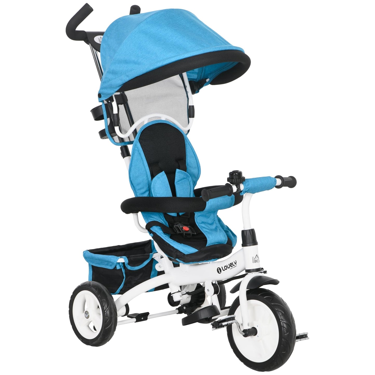 HOMCOM 6 in 1 Trike, Kids Tricycle, Pedal Push Bike w/Parent Handle, Removable Canopy, 5-Point Safety Belt, Storage, Footrest, Brake, for 1-5 Years Toddler, Blue