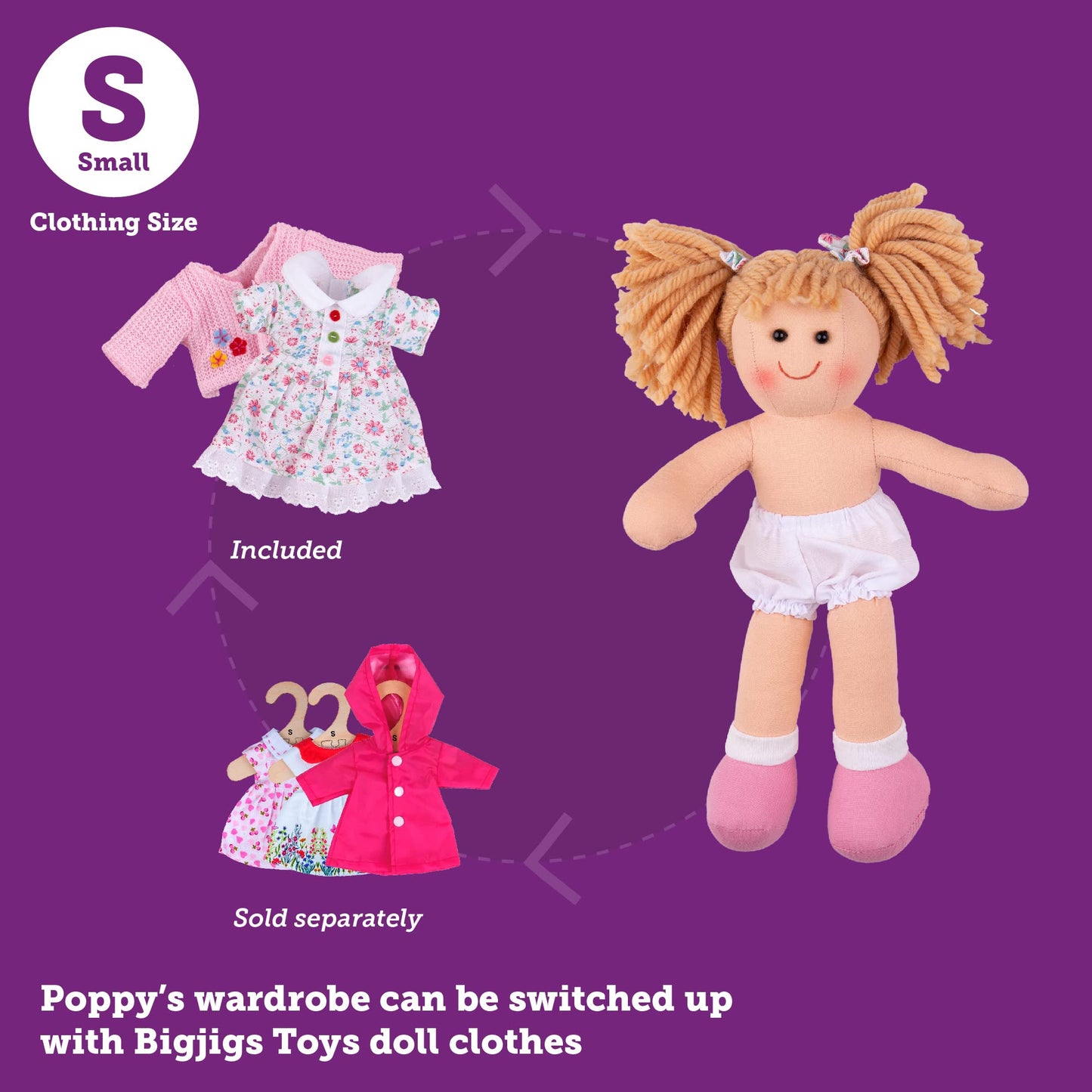 Bigjigs Toys Poppy doll, 28cm plush ragdoll with strawberry blonde pigtails and floral white dress, soft cuddly baby toy.