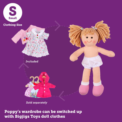 Bigjigs Toys Poppy doll, 28cm plush ragdoll with strawberry blonde pigtails and floral white dress, soft cuddly baby toy.