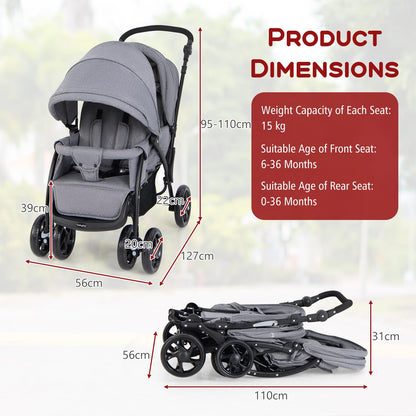 GYMAX Double Seat Stroller with Adjustable Push Handle, Detachable Canopy and Foot Rest, Foldable Baby Pushchair Buggy for Traveling, Going Shopping & Hanging Out (Grey)