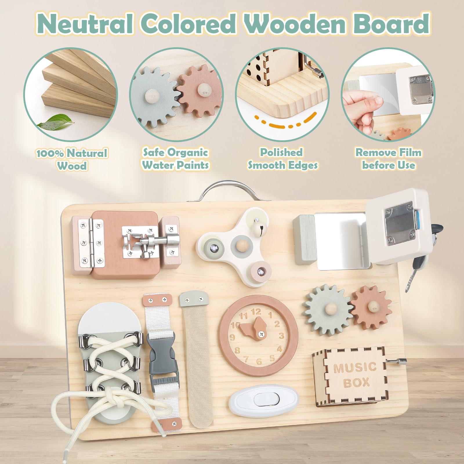 Joyreal wooden busy board for toddlers with sensory toys, fidget activities, and Montessori design for fine motor skills development.