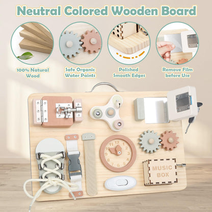Joyreal wooden busy board for toddlers with sensory toys, fidget activities, and Montessori design for fine motor skills development.
